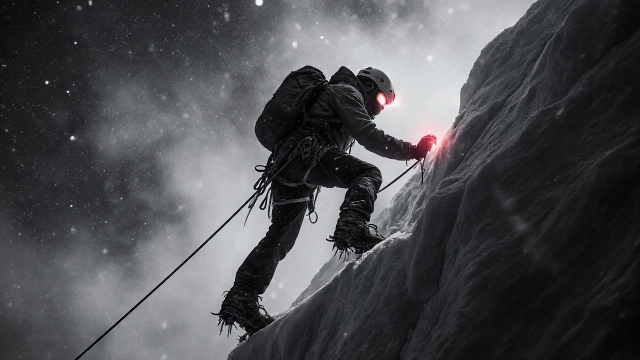 Альпинист без верёвок карабкается по отвесной стене Эвереста в буране.