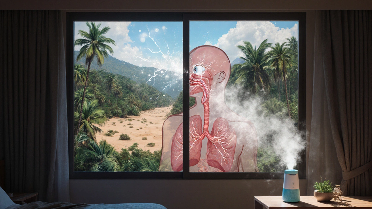 Художественное изображение дыхательной системы, поражённой сухим воздухом в тропическом отеле, с контрастом между влажным лесом и сухим интерьером.