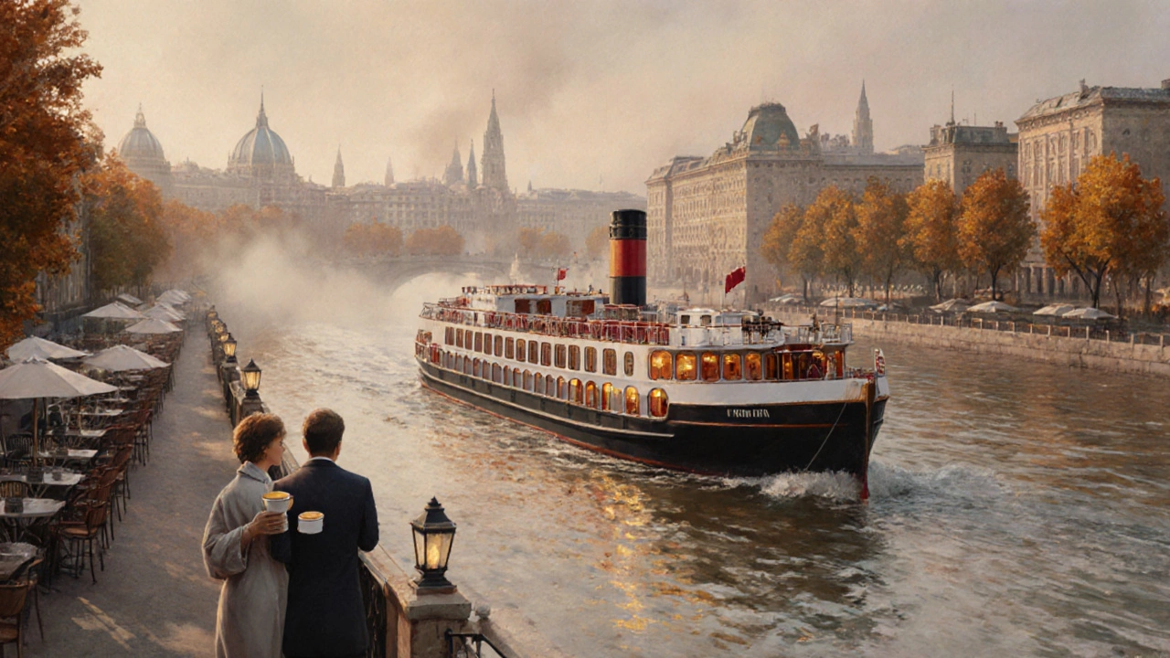 Круиз по Дунаю в октябре: корабль проходит мимо венских зданий, осенние деревья, тихий вечер.