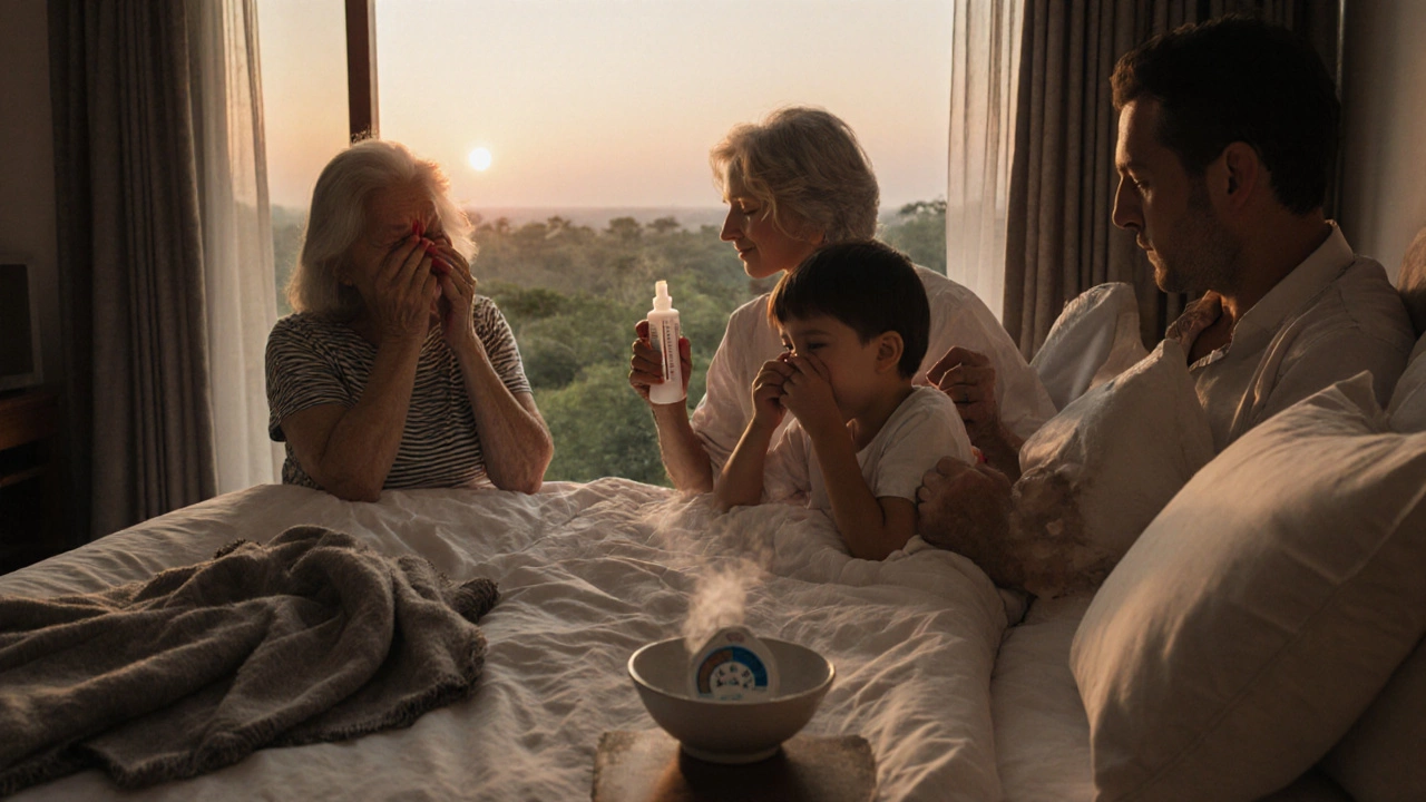 Семья в отеле на Бали просыпается с признаками сухого воздуха: кровоточащий нос, сухие глаза, солевой спрей и гигрометр на тумбочке.