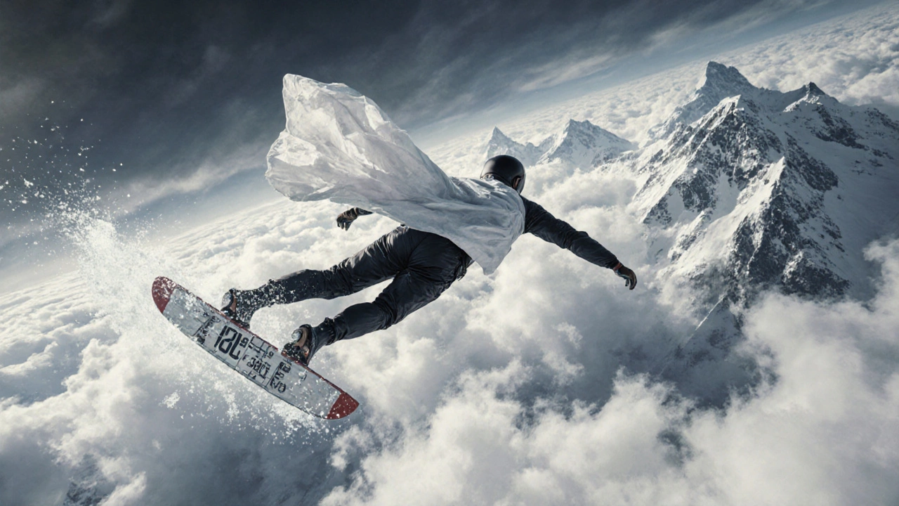 Скайсёрфер плывёт по воздушным потокам над альпийскими горами без парашюта.