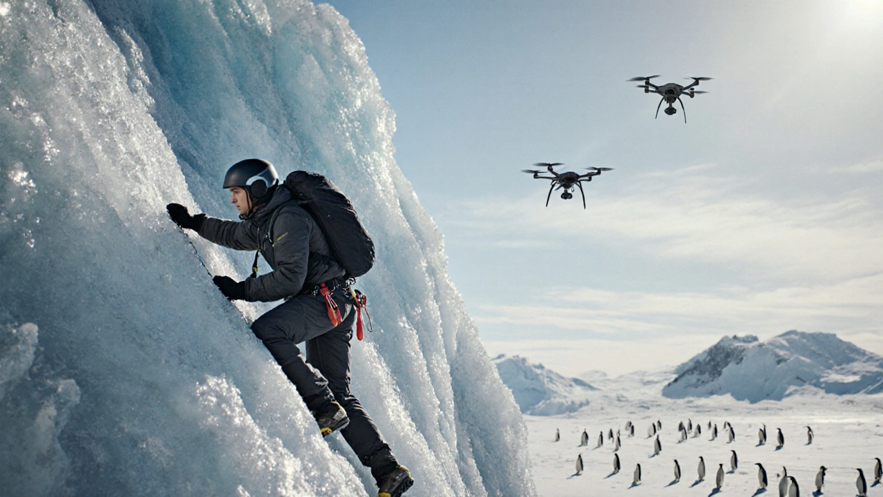 Альпинист на леднике в Антарктиде, рядом дроны и пингвины вдалеке.