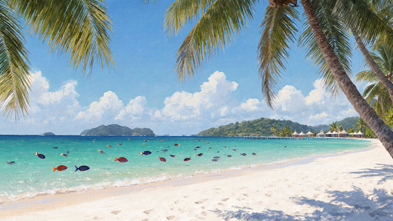 Белоснежный пляж Боракай на Филиппинах с прозрачной водой и видимыми рыбами на глубине 15 метров, без пластика.
