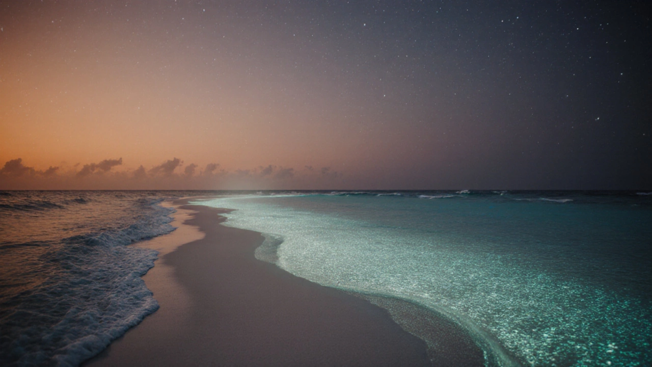Биолюминесцентный пляж Банановый остров в Мальдивах на закате, где вода светится в темноте от планктона.