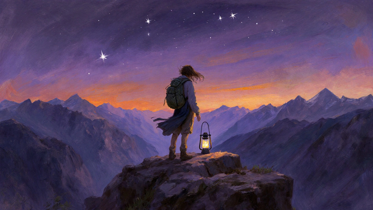 Человек стоит на скале на закате, перед ним — бескрайние горы, на небе появляются звёзды, рядом — фонарь на рюкзаке.