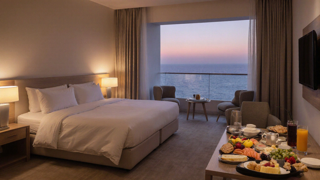 Чистый номер в отеле 4* в Турции с завтраком на столе и видом на море.