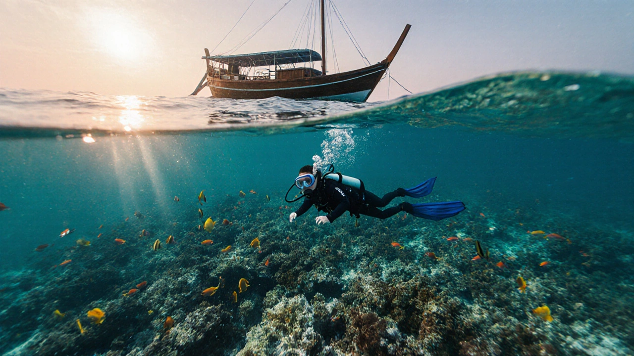 Деревянная лодка над коралловым рифом в Мальдивах на рассвете, рыбы и чистая вода.