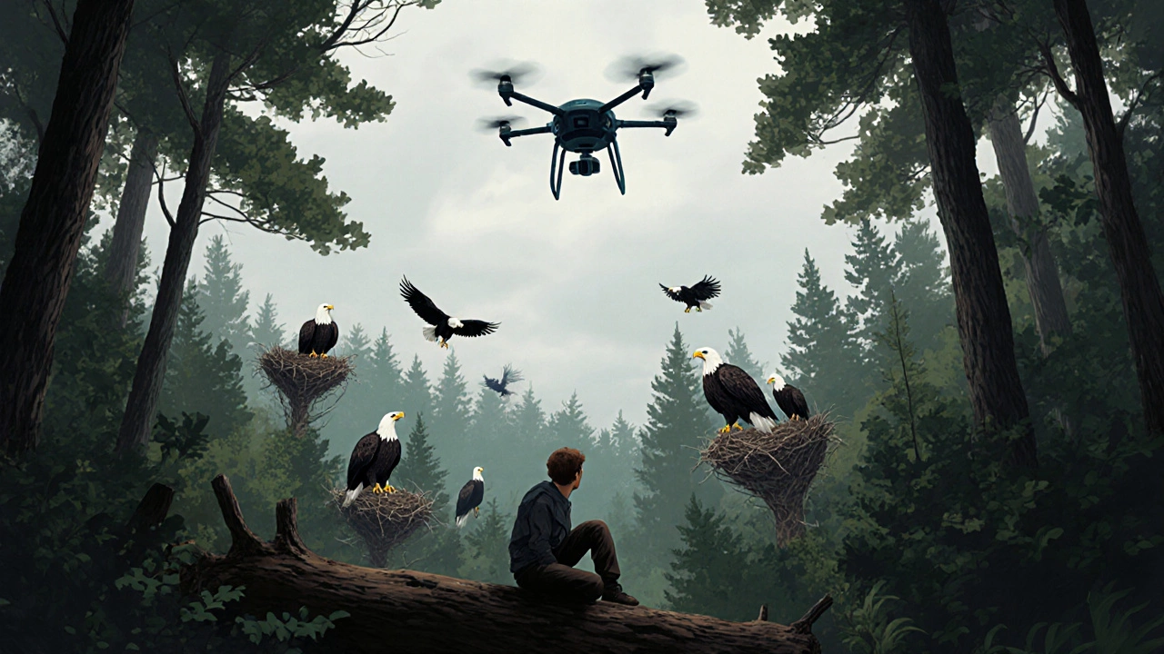 Дрон пугает орланов, заставляя их покинуть гнёзда, в то время как человек наблюдает с тревогой.