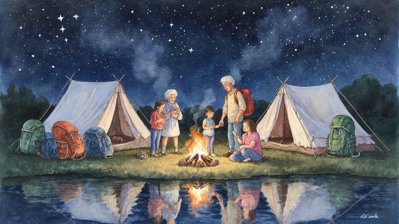Группа людей отдыхает у костра под звездами в лесу, рядом палатки.