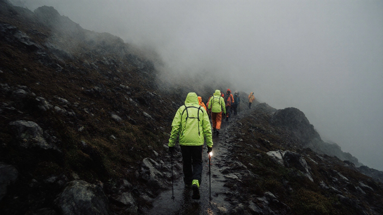 Ходоки в дождь на каменистом склоне, сохраняют расстояние 40 метров, последний с фонариком и свистком.