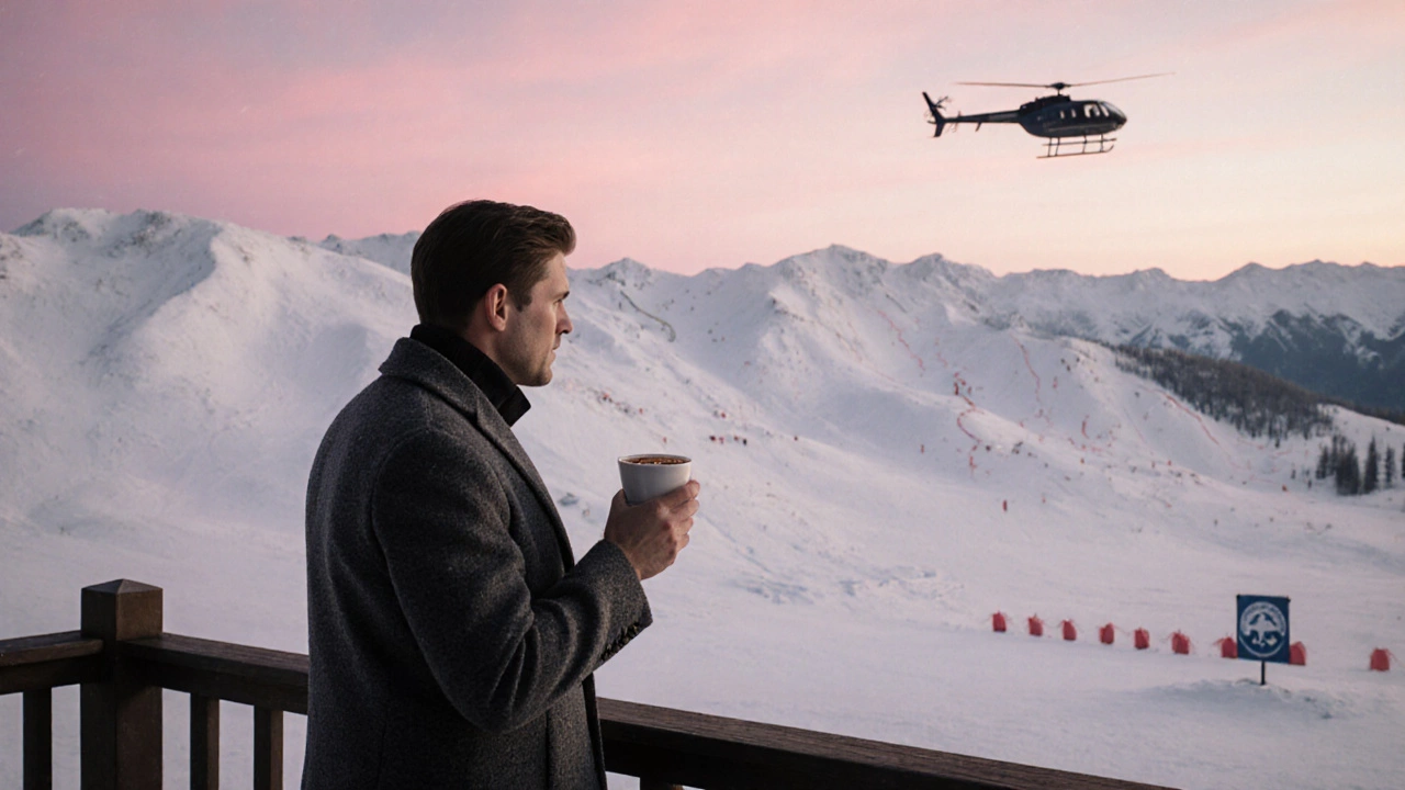Мужчина на террасе в Вейле на рассвете, с чашкой какао, смотрит на безлюдные заснеженные склоны при розовом свете.