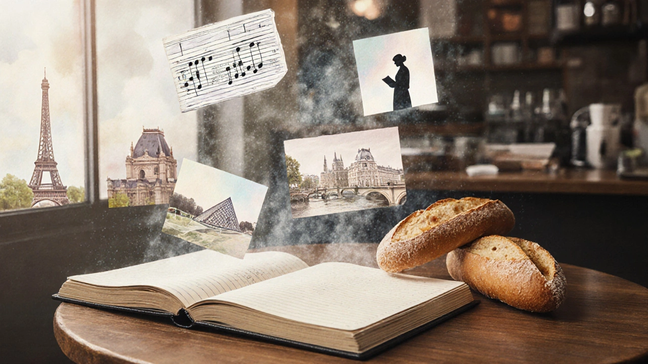 Открытая тетрадь на столе в булочной, рядом багет, вокруг — прозрачные следы воспоминаний Парижа.