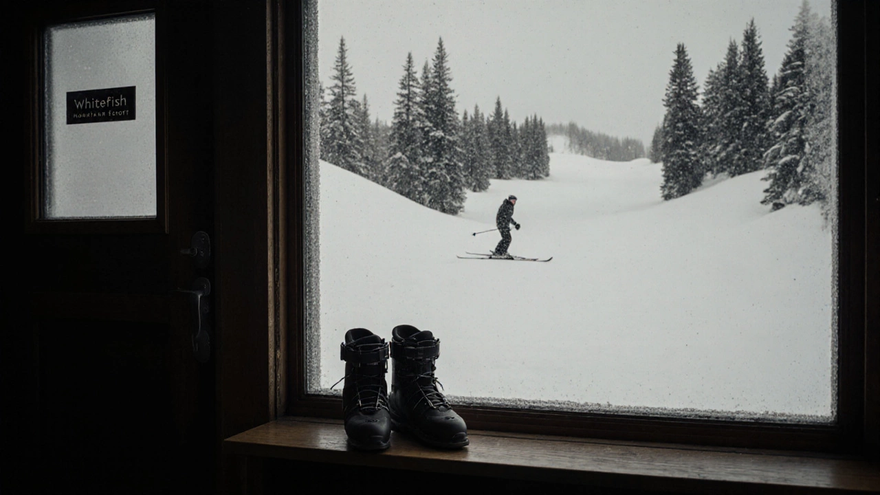 Пара кастомных лыжных ботинок у закрытой двери без вывески, за окном — одинокий лыжник на безлюдном склоне.