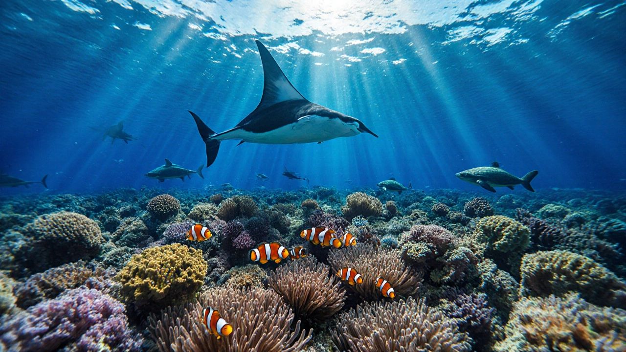 Подводный пейзаж Большого Барьерного рифа с кораллами и скатом.