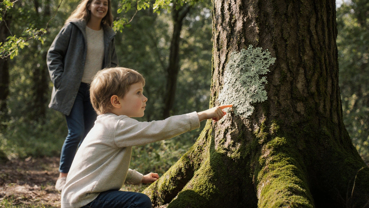 Ребёнок с любопытством рассматривает лишайник на дереве, взрослый стоит рядом в тишине.