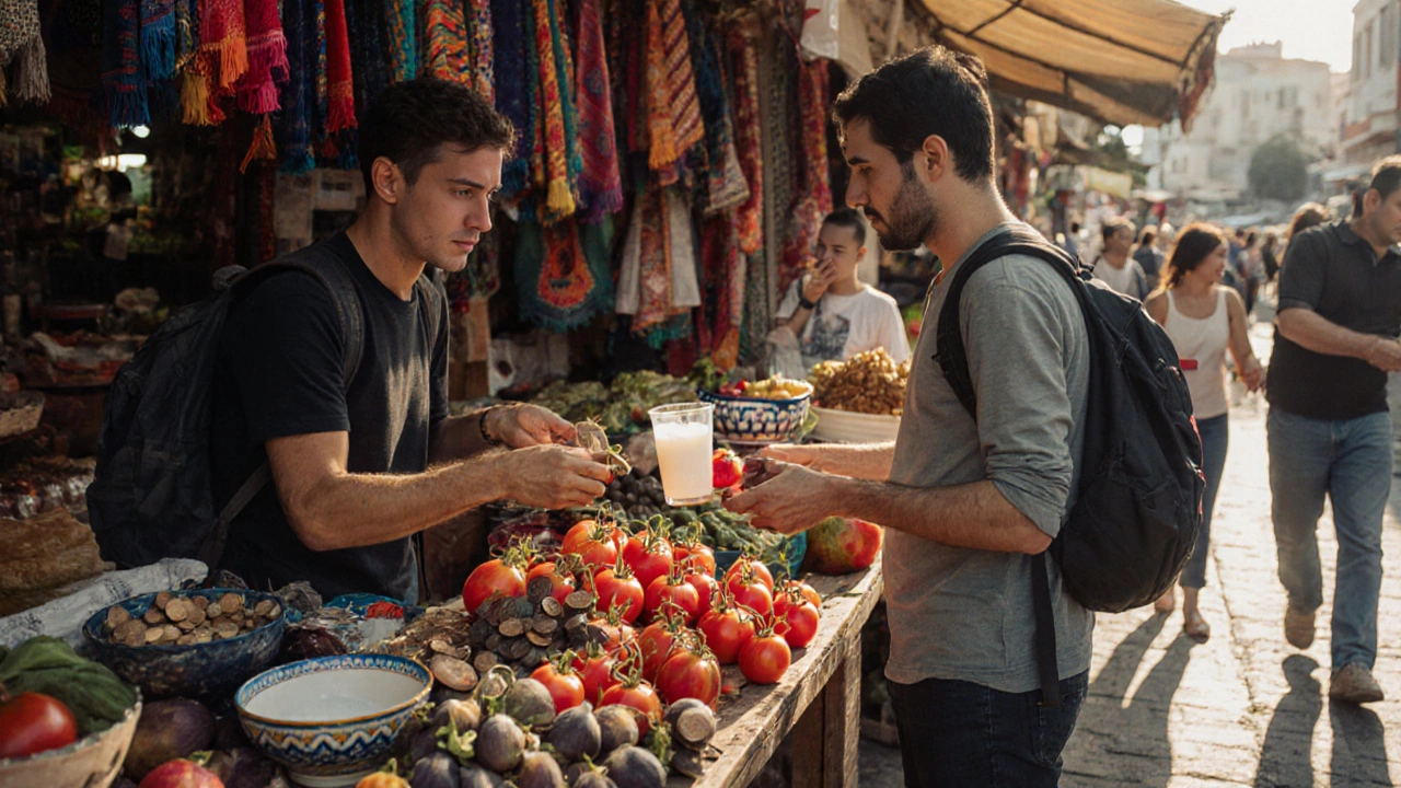 Рынок в Турции: турист покупает фрукты у местного продавца за лиры.