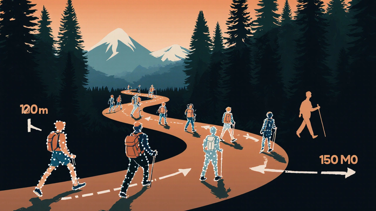 Схематичное изображение туристов на тропе с указанием оптимальных расстояний между ними в разных условиях.