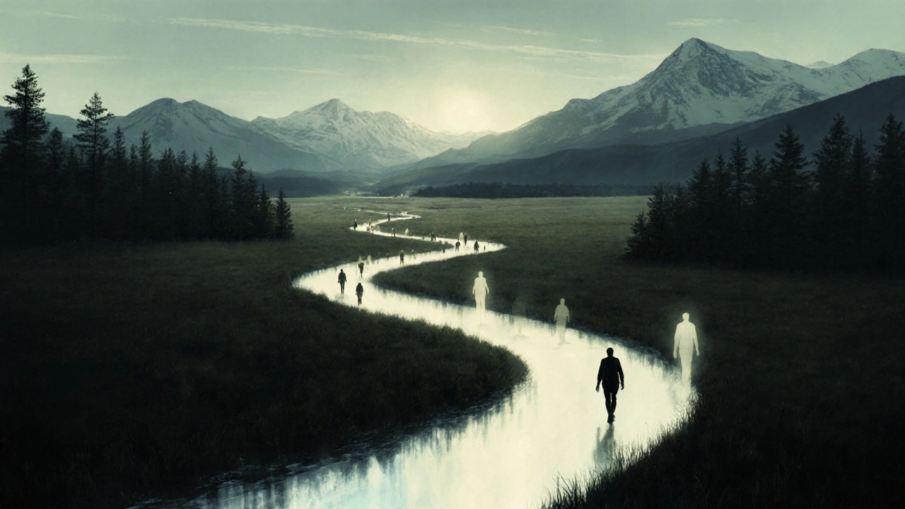 Силуэт человека идет по светящемуся пути, превращающемуся в реку через природу.