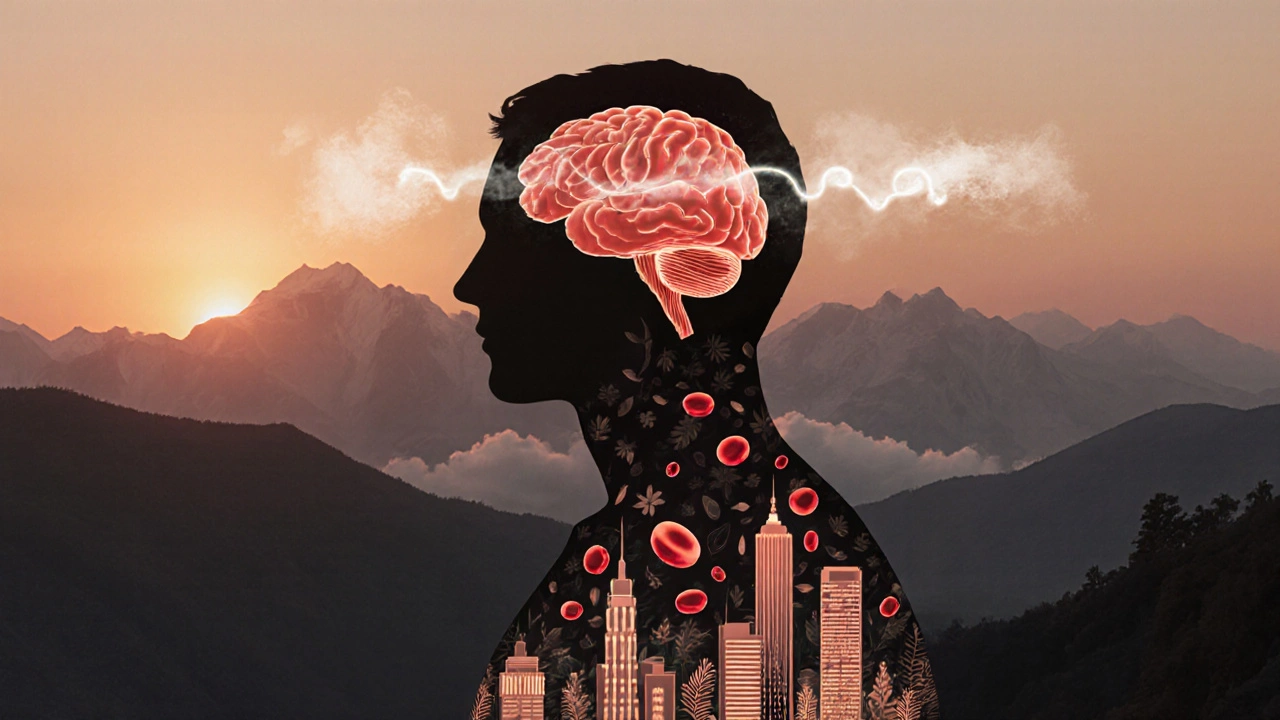 Силуэт человека на фоне гор с абстрактным изображением внутри тела: кровяные клетки, спокойный мозг, исчезающий город.