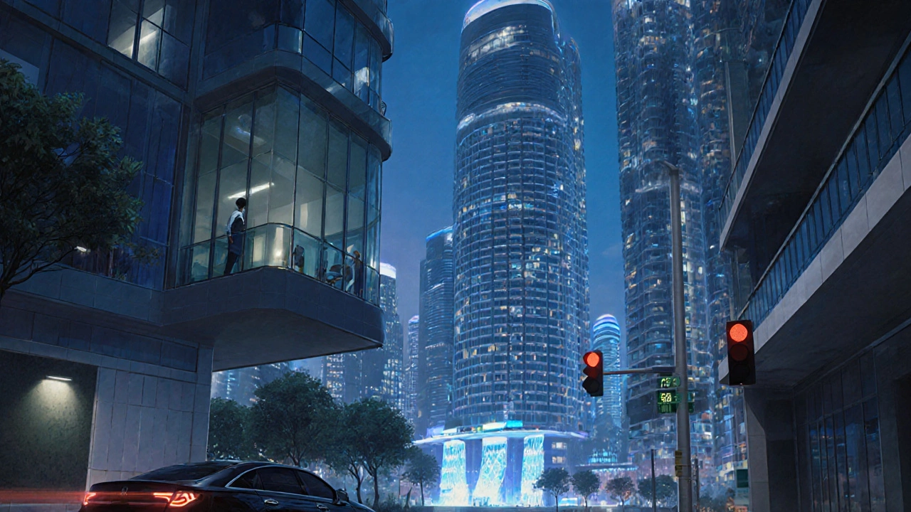 Сингапур ночью: человек с балкона смотрит на светящиеся небоскребы и Marina Bay Sands.