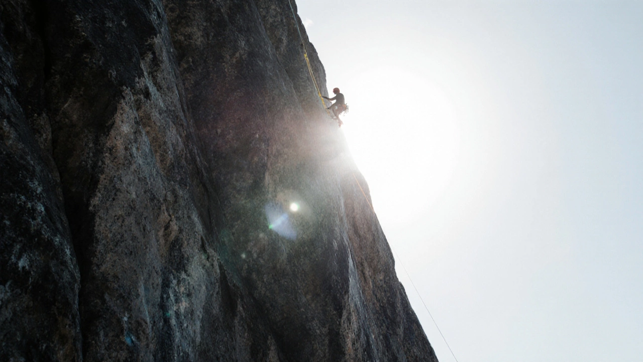 Скалолаз без страховки поднимается по отвесной скале, одинокий силуэт на фоне огромной скалы.