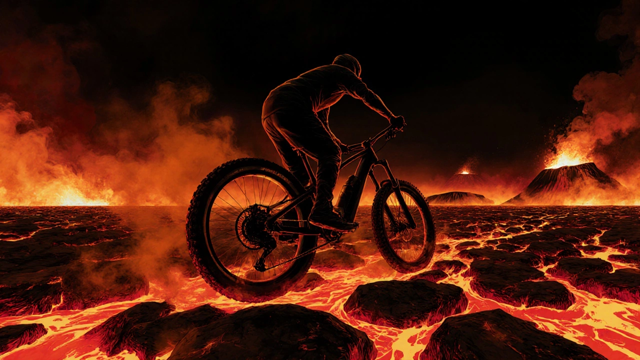 Велосипедист едет по лавовому полю, вокруг — дым и кипящие кратеры вулкана.