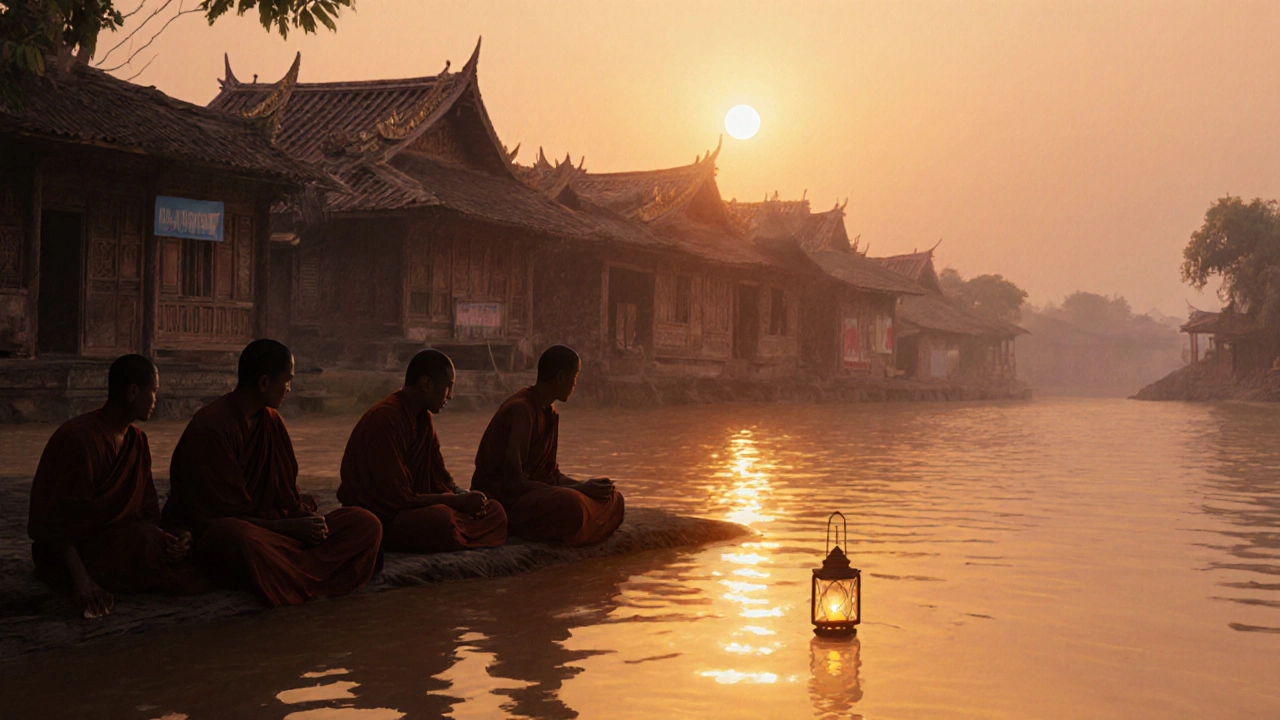 Закат в Мандалае: монахи на берегу Иравади, древние деревянные дома, одинокий фонарь на реке.