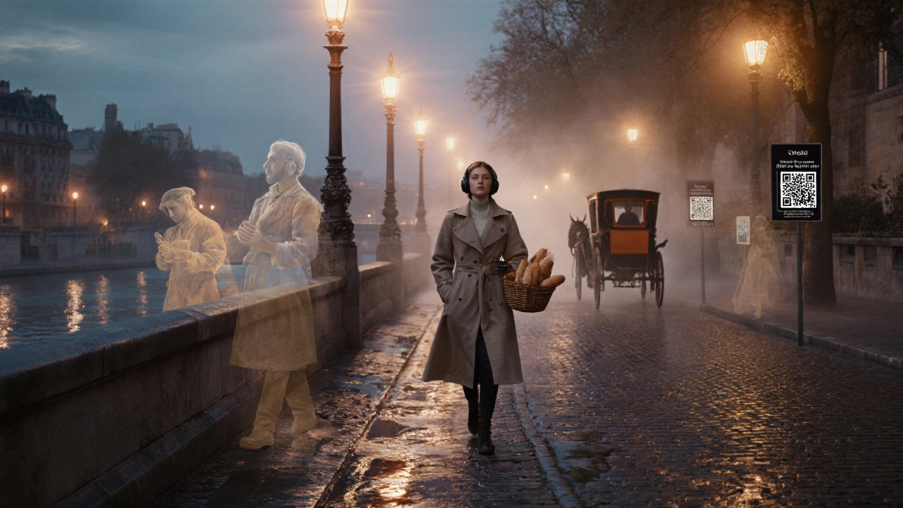 Женщина гуляет по пешеходной тропе в Париже, вокруг неё видны призрачные фигуры из прошлого.