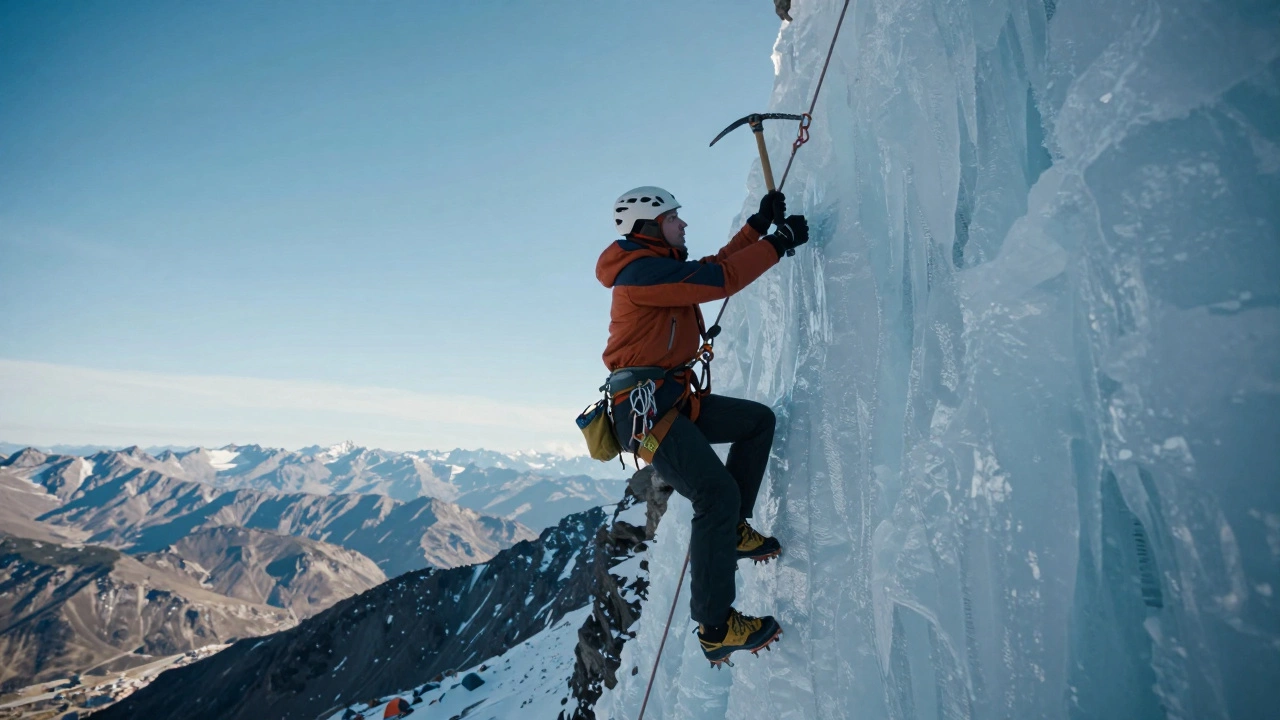 Альпинист лазает по леднику с ледорубом и веревкой на фоне горного хребта.