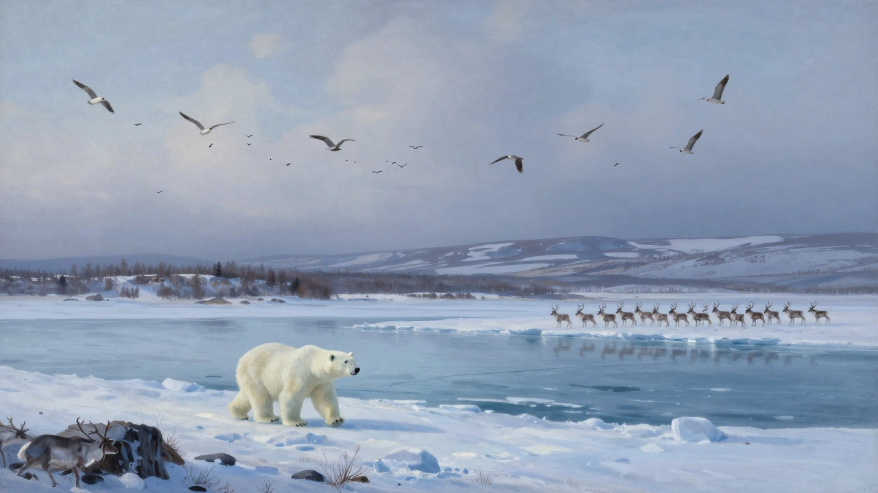 Арктический заповедник Таймыр: полярный медведь на льду, стаи птиц в небе и бескрайняя тундра.