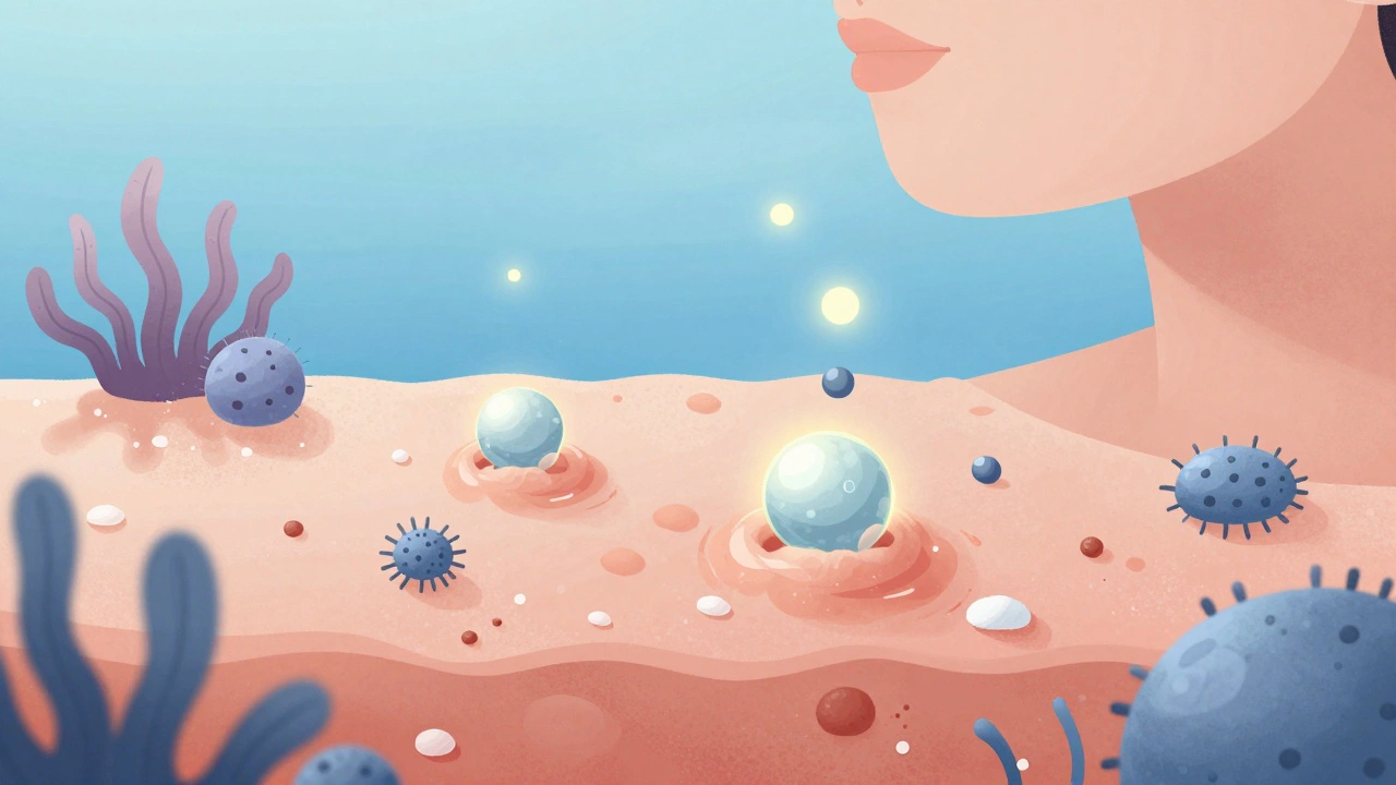 Близкий план кожи, в которую впитываются минералы из морской воды, с видимыми частицами магния и йода.