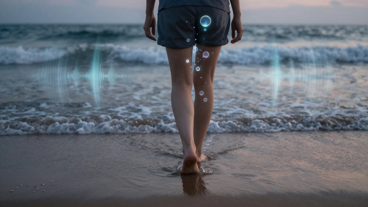 Человек идет босиком по мокрому песку на закате, от волн поднимаются невидимые ионы, символизирующие обновление.