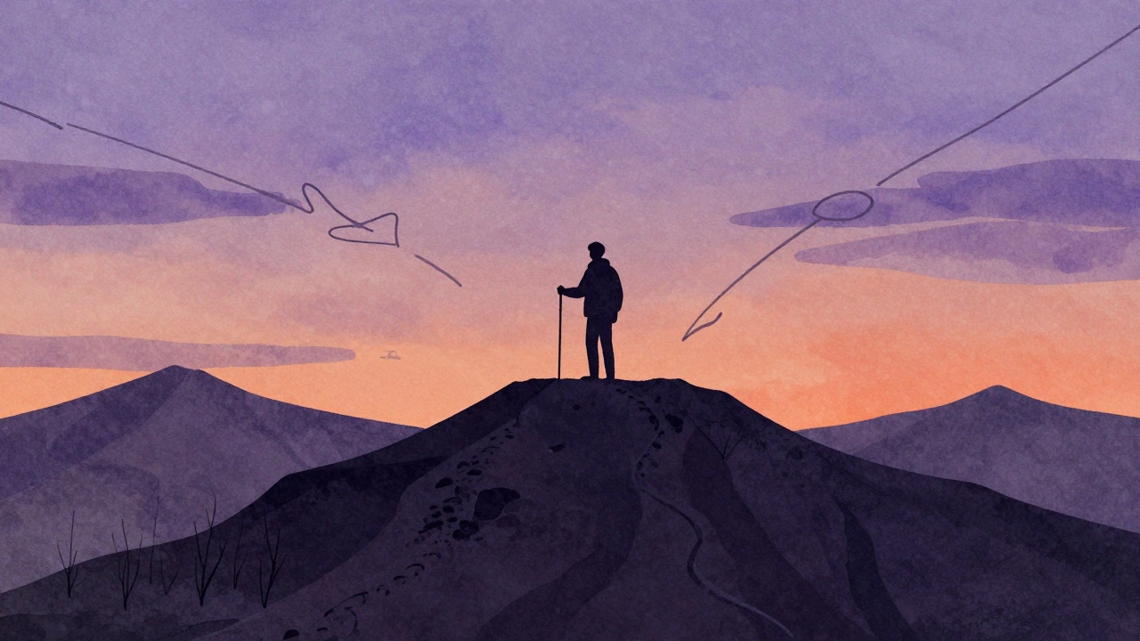 Фигура на вершине хребта в тени заката, символизирующая уединение и гармонию с природой.