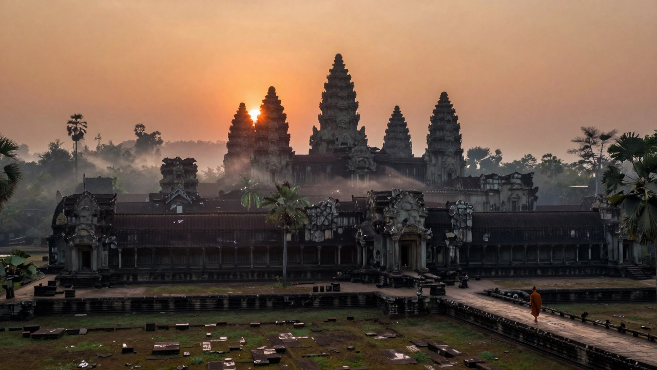 Храм Ангкор-Ват встаёт из джунглей на рассвете, монах идёт по каменному мосту.