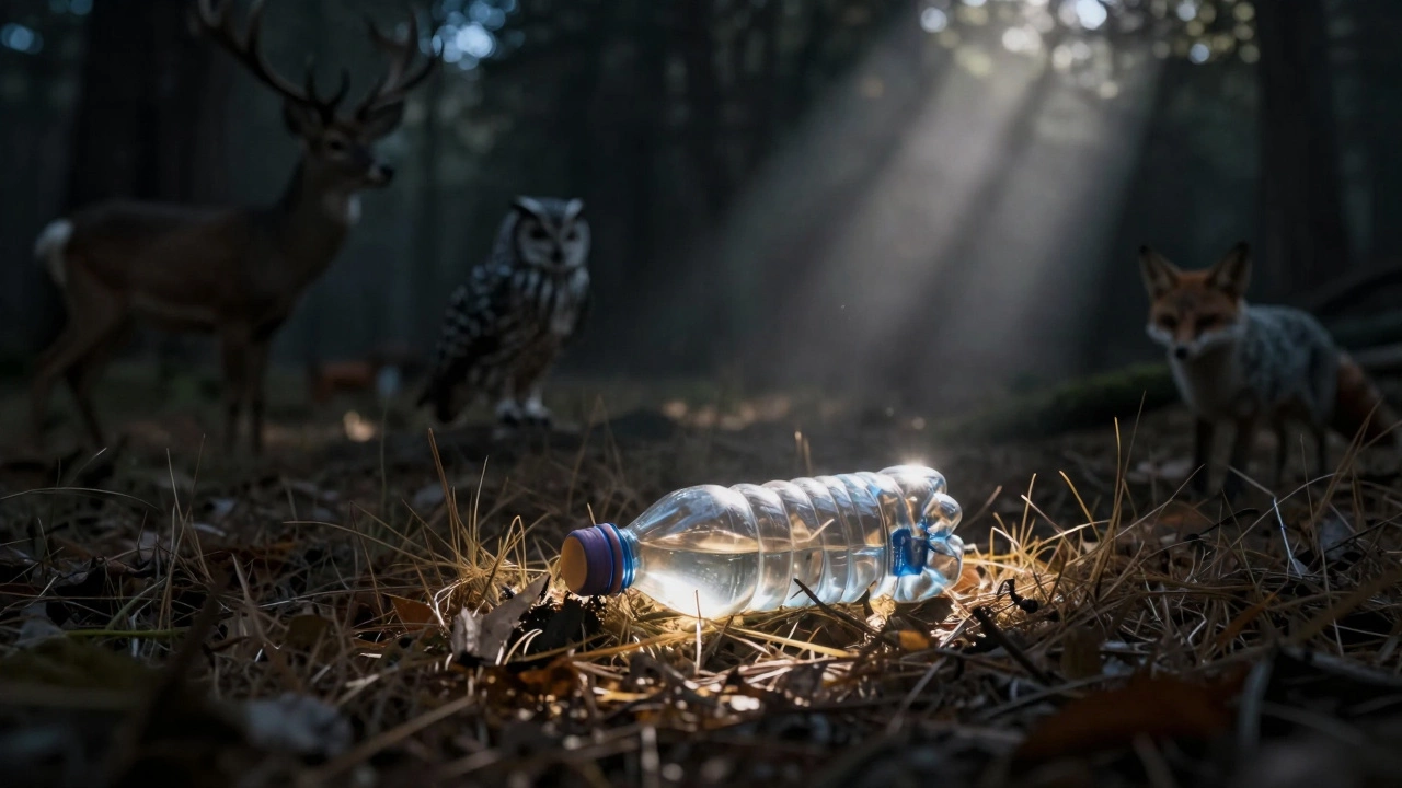 Одна брошенная бутылка в лесу создаёт опасный эффект линзы, поджигая сухую траву.