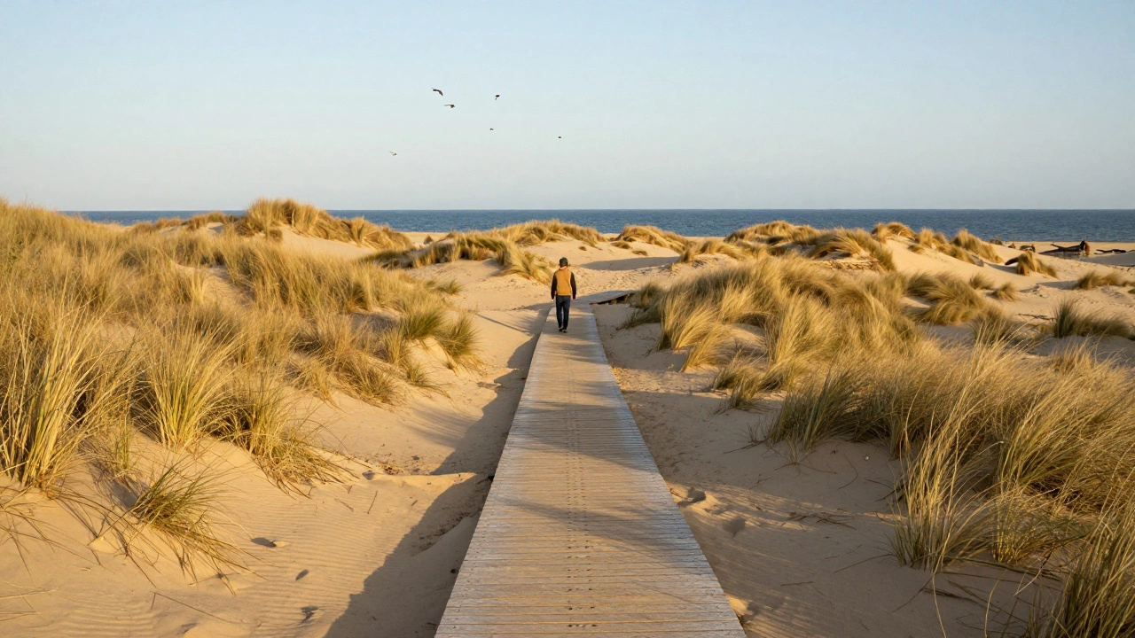 Пешеходная тропа через дюны Куршской косы, турист на расстоянии, дикие дюны и птицы в небе.