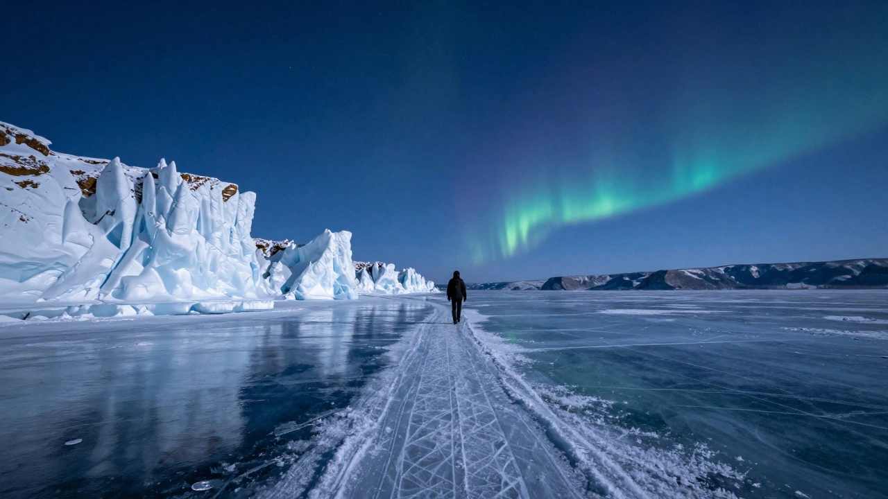 Прозрачный лёд Байкала с тропой на льду и ледяными скульптурами под звёздным небом.