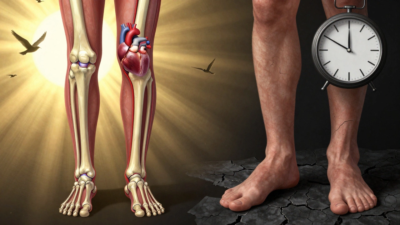 Разрез тела, показывающий укрепленные кости и сердце на фоне противоположных состояний — здоровья и перенапряжения.