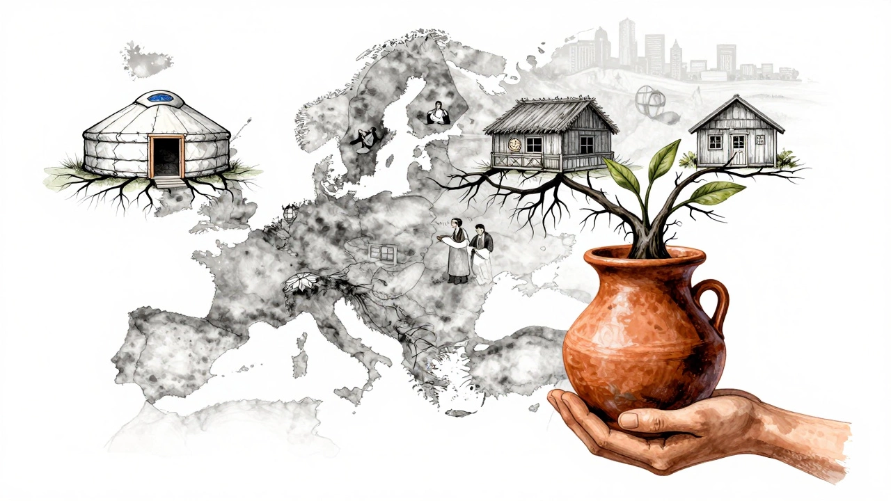 Рука держит глиняный горшок, из которого растут корни, соединяющие традиционные дома Восточной Европы — символ сохранения культуры.