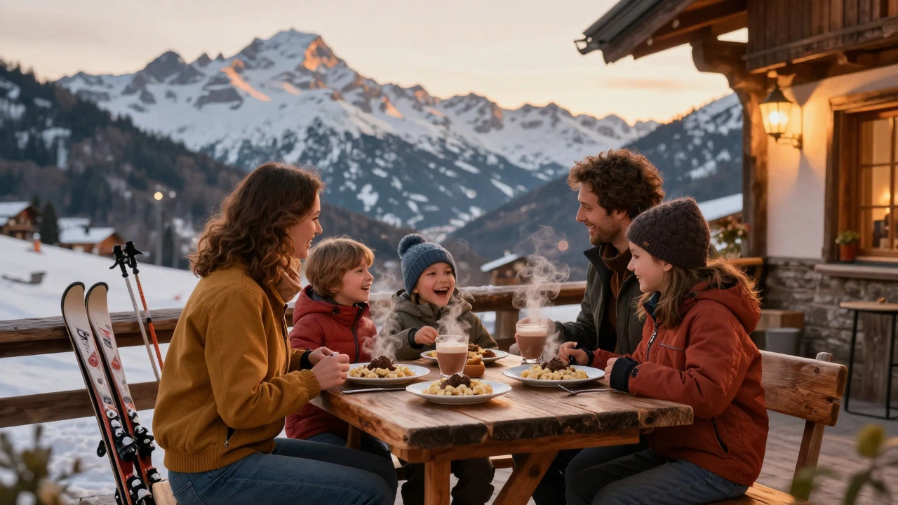 Семья в Кортин-д’Ампеццо наслаждается апре-ски: горячие блюда, снег за окном и уютный закат.