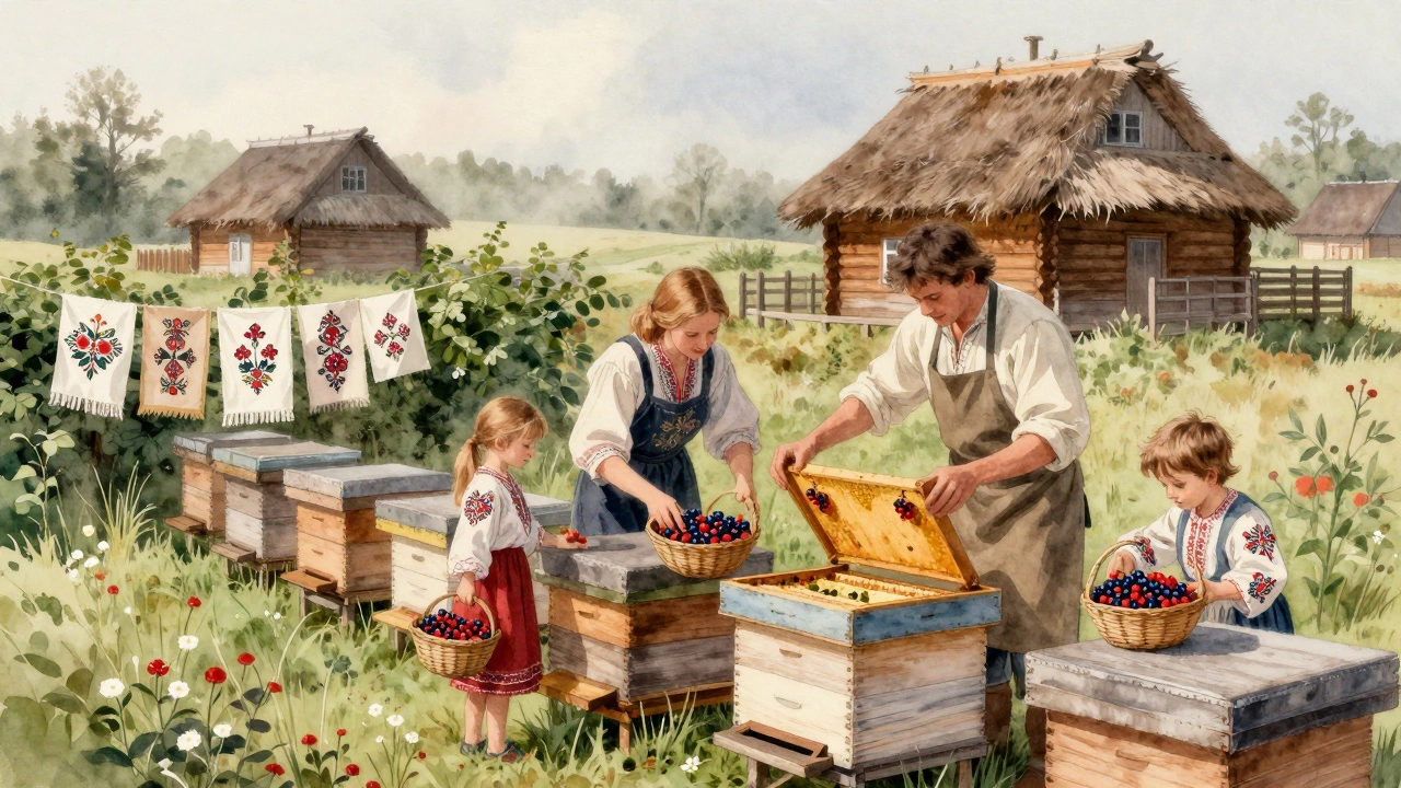 Семья в Полесье собирает мёд, путешественник помогает с корзинами, вокруг — традиционные дома и вышитые ткани.