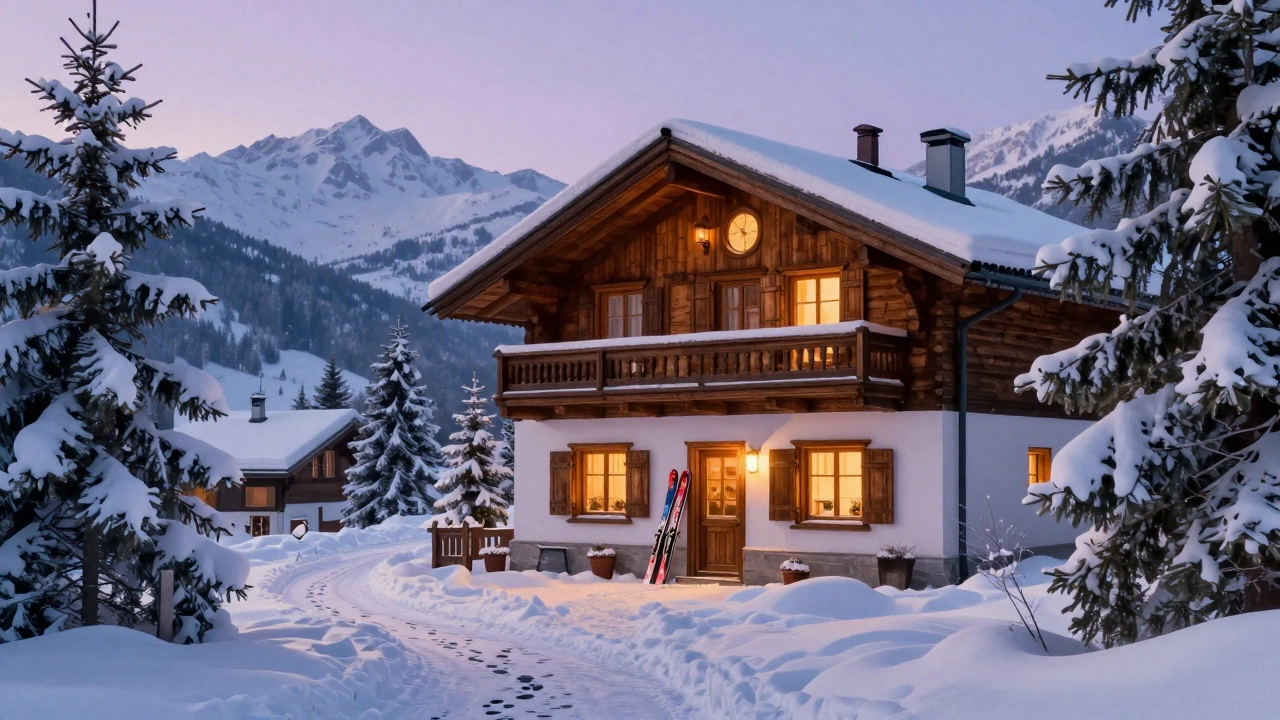 Снежная швейцарская хижина в феврале, свет из окон, следы в снегу, тихий закат.