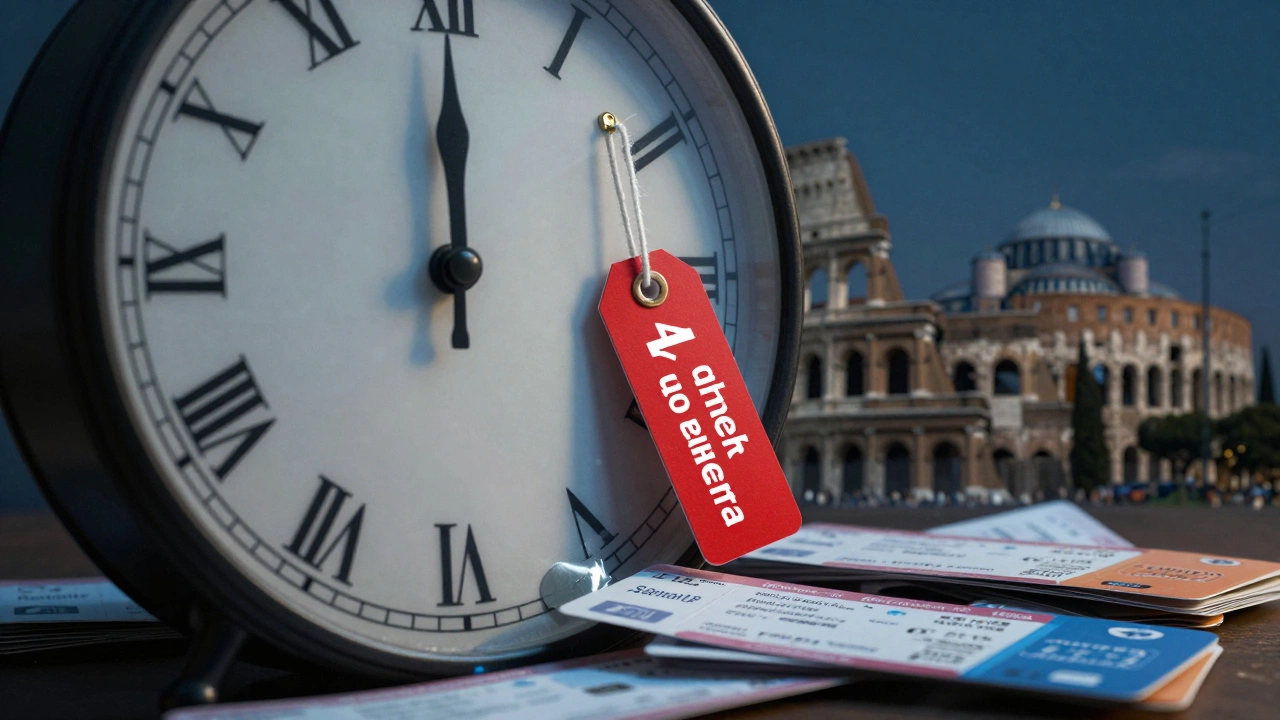 Тающий циферблат часов, превращающийся в билеты и ключи от отелей, с видимыми силуэтами древних достопримечательностей.