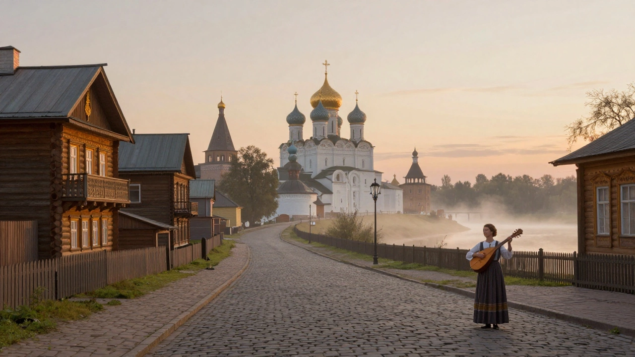 Тихий рассвет в Суздале: улочки без машин, балалайка на площади и купола монастыря.
