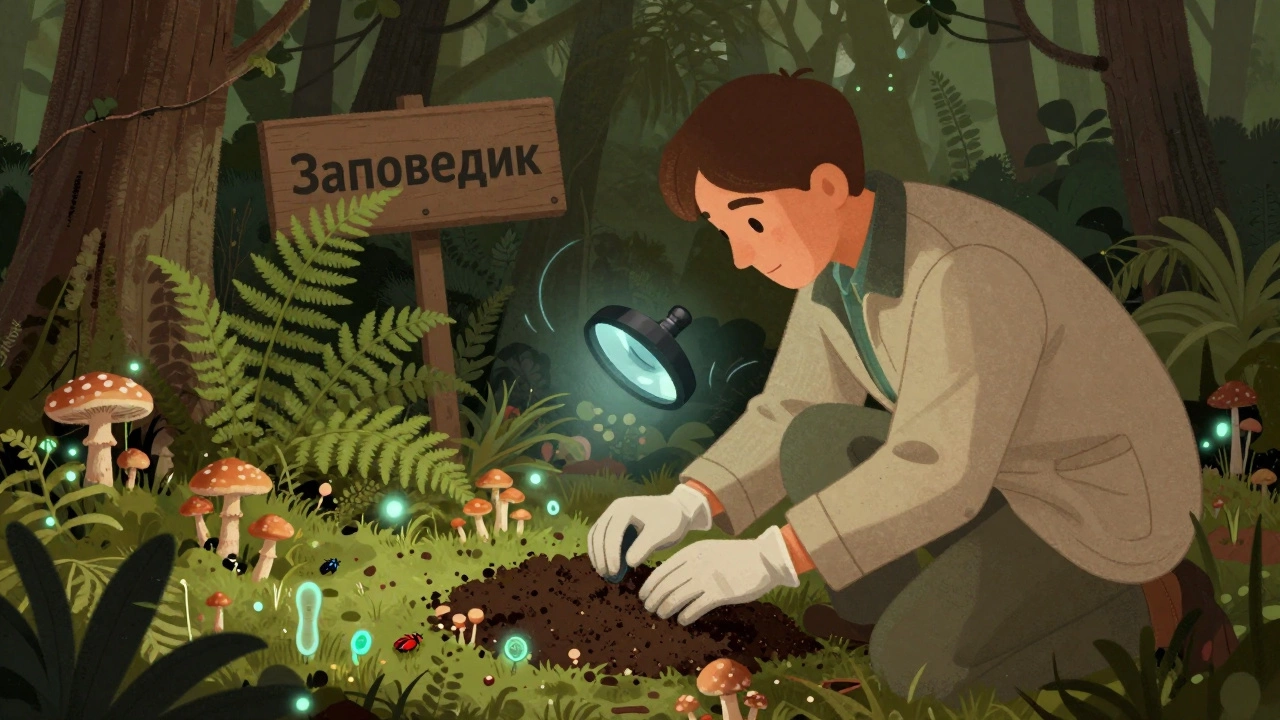 Учёный собирает образцы почвы в заповеднике, вокруг — тысячи микроорганизмов.