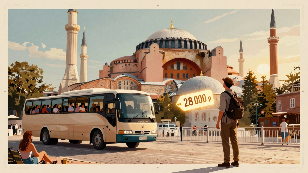 Винтажный постер: слева — пляжный тур, справа — путешественник перед Святой Софией с ценой 28 000 ₽.