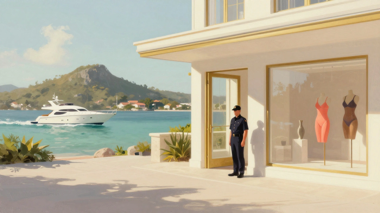 Частная яхта приближается к роскошному отелю на скалистом острове Сен-Бартс, охранник стоит у ворот.