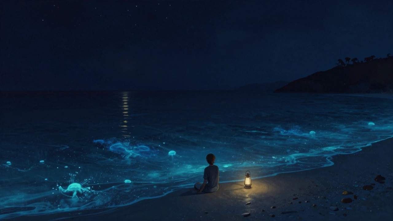 Человек сидит на стеклянном пляже ночью, вокруг — только светящаяся вода и звезды, ни души вокруг.