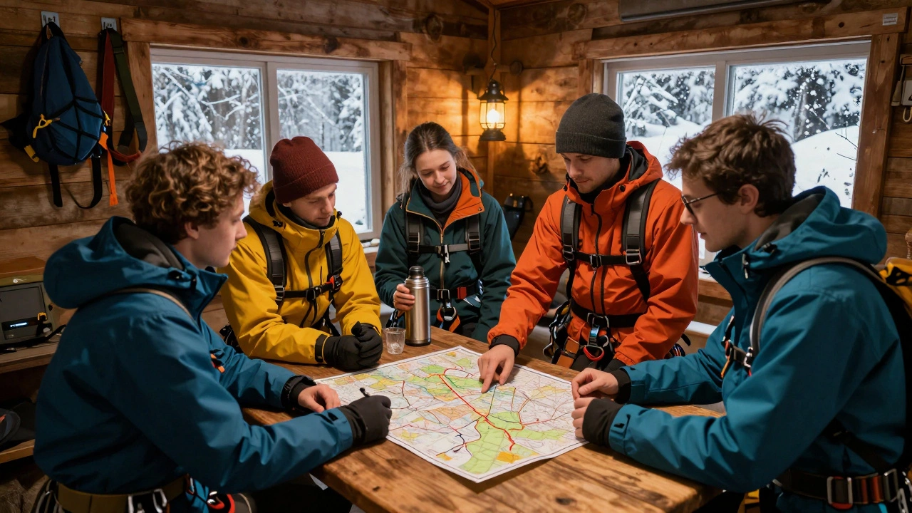 Группа молодых людей готовит снаряжение в деревянной хижине, изучая карты и проверяя ремни.