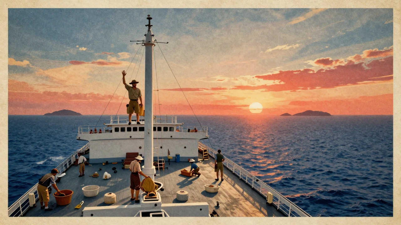 Грузовое судно на закате в Тихом океане, путешественник на палубе.